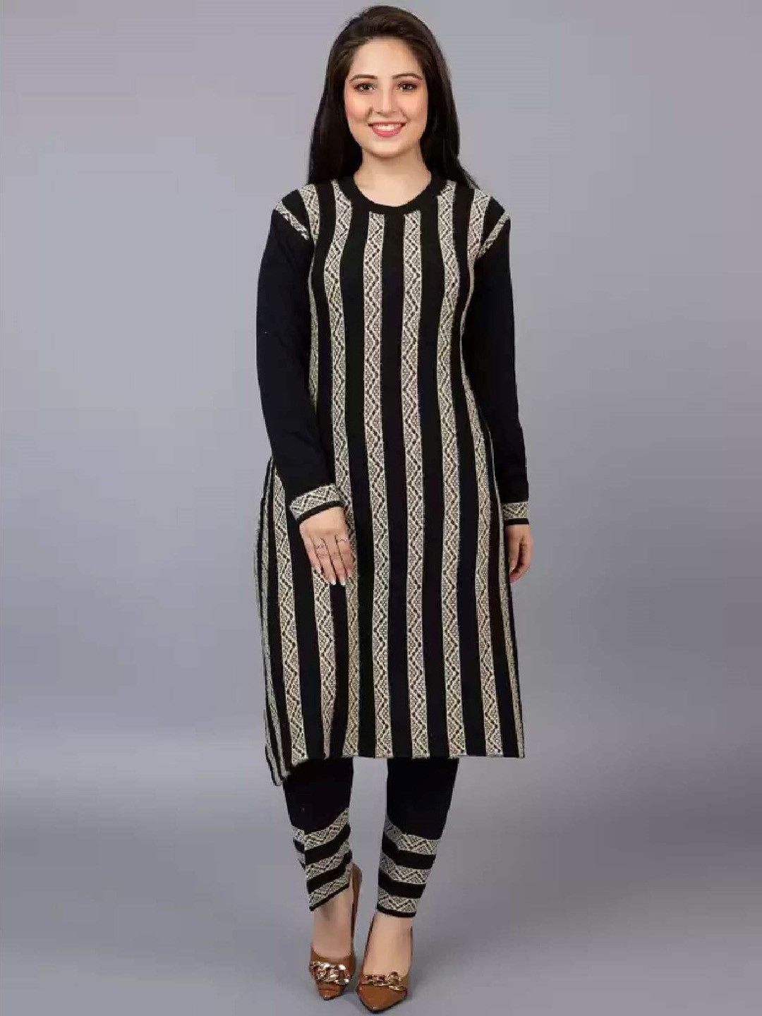 

SAMMYCO Round Neck Striped Woven Design Regular Pure Wool Kurta with Trousers, Black
