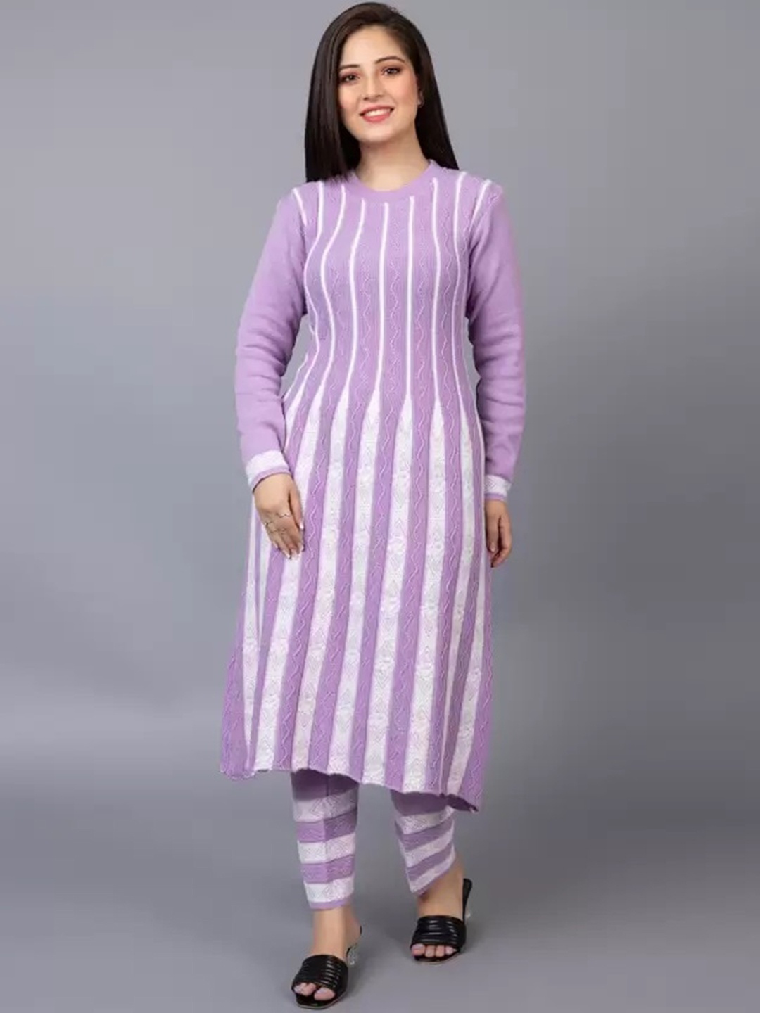 

SAMMYCO Round Neck Striped Woven Design Regular Pure Wool Kurta with Trousers, Purple