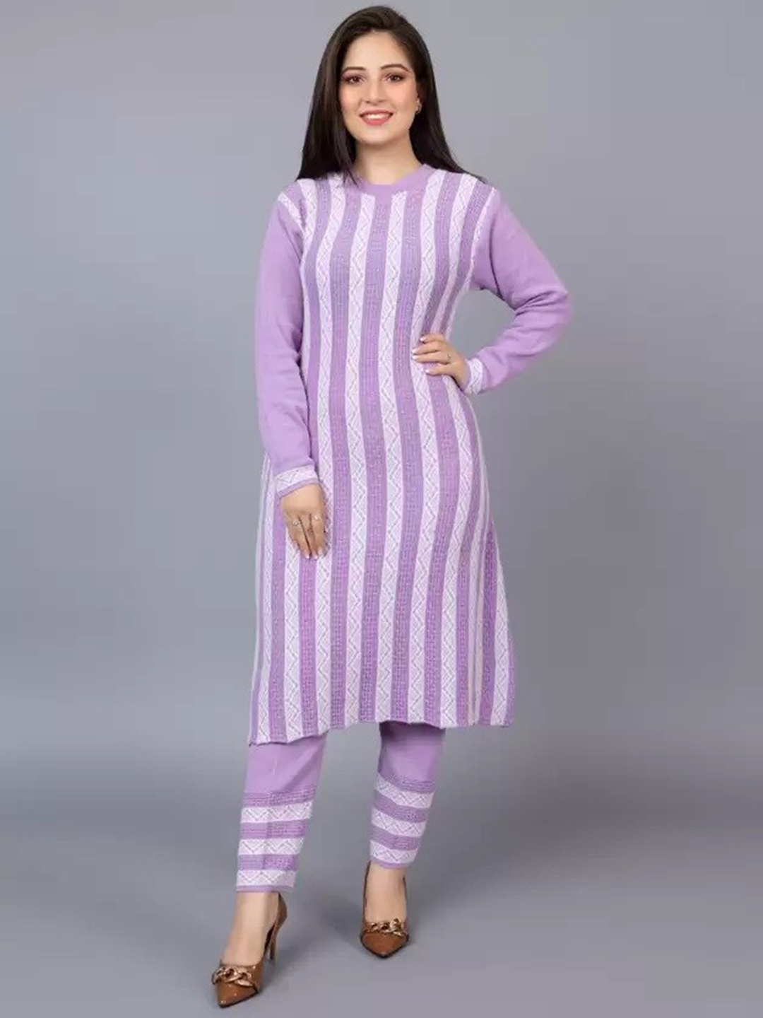 

SAMMYCO Round Striped Woven Design Regular Pure Wool Kurta with Trousers, Purple