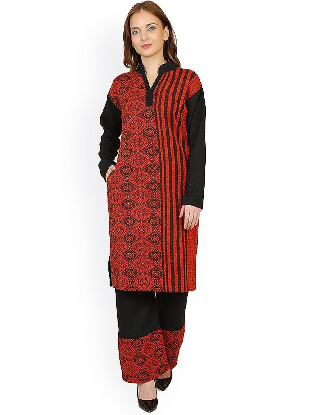 

SAMMYCO Mandarin Collar Ethnic Motifs Woven Design Regular Pure Wool Kurta with Palazzo, Red