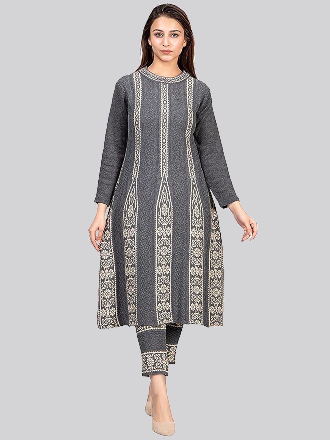

SAMMYCO Round Neck Ethnic Motifs Woven Design Regular Pure Wool Kurta with Trousers, Grey