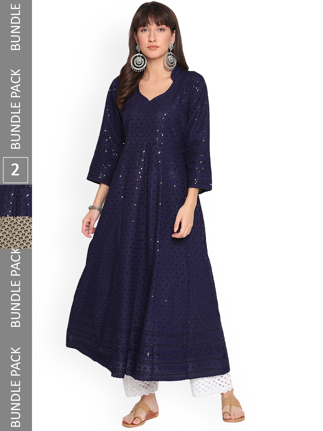

KALINI Pack Of 2 Chikankari Embroidered Sequined Cotton Kurta, Navy blue