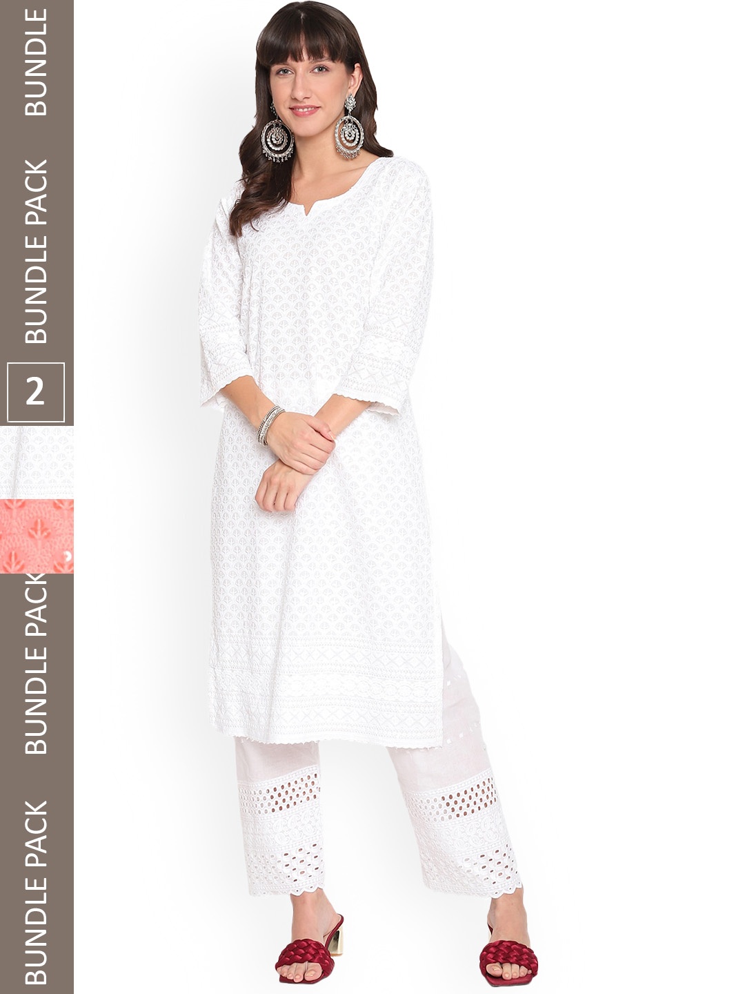 

KALINI Pack Of 2 Chikankari Embroidered Sequined Cotton Kurta, White