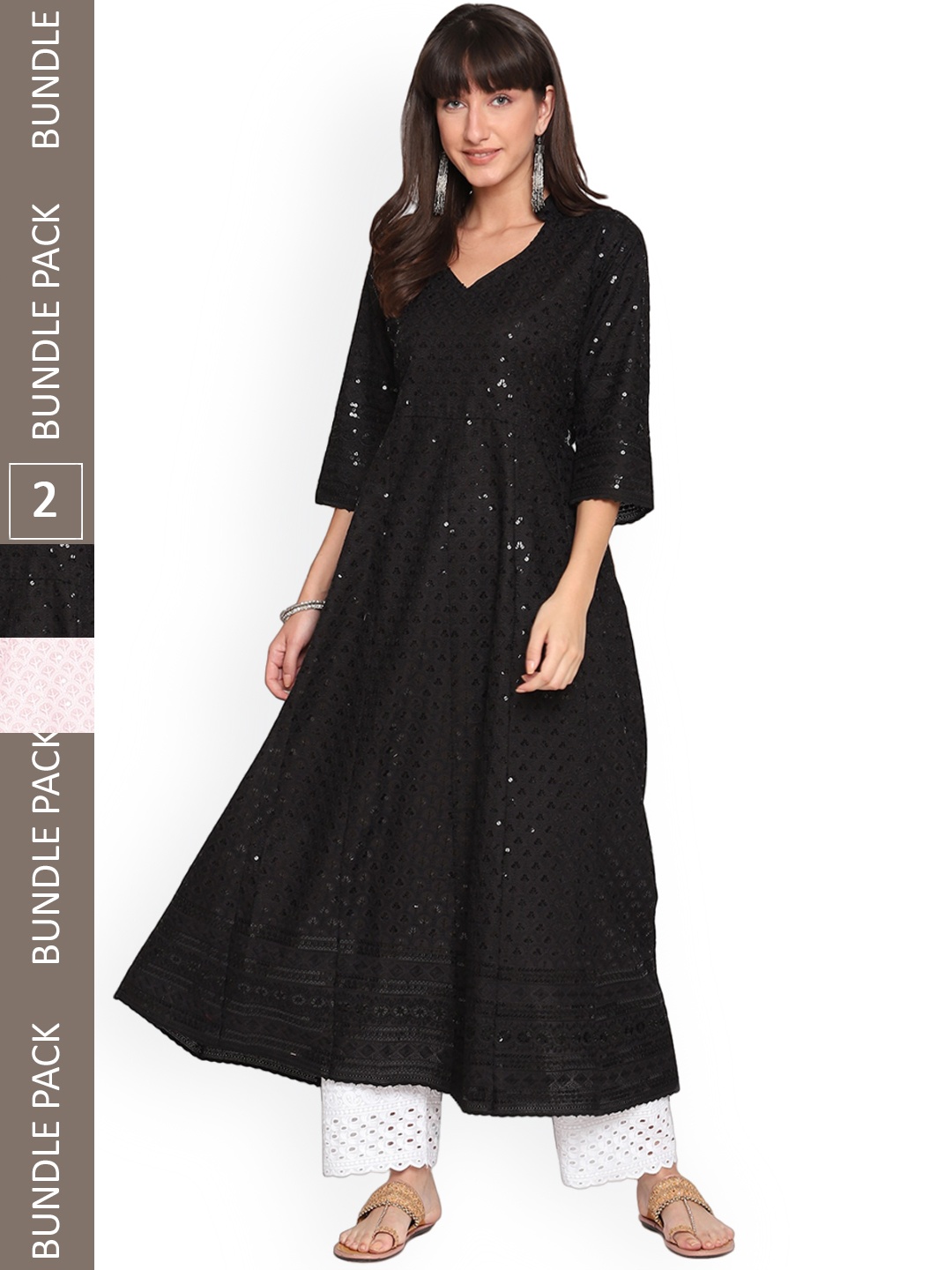 

KALINI Pack Of 2 Chikankari Embroidered Sequined Cotton Kurta, Black