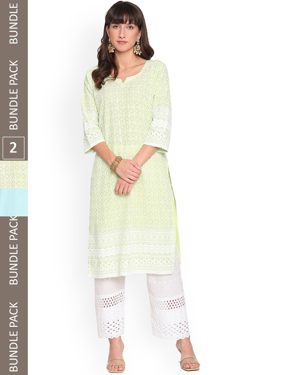

KALINI Pack Of 2 Chikankari Embroidered Sequined Cotton Kurta, Green