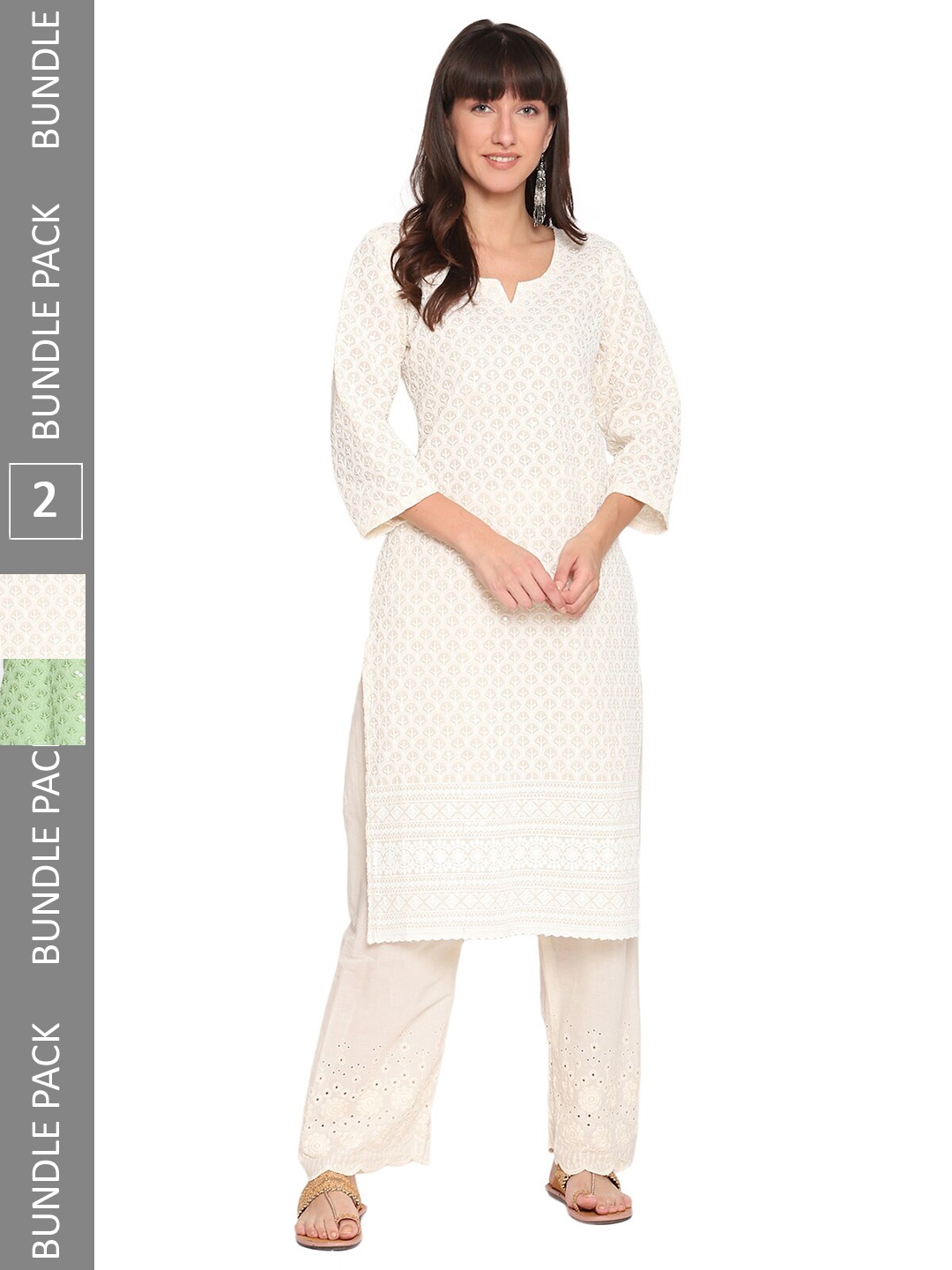 

KALINI Pack of 2 Ethnic Motifs Embroidered Chikankari Straight Kurta, White