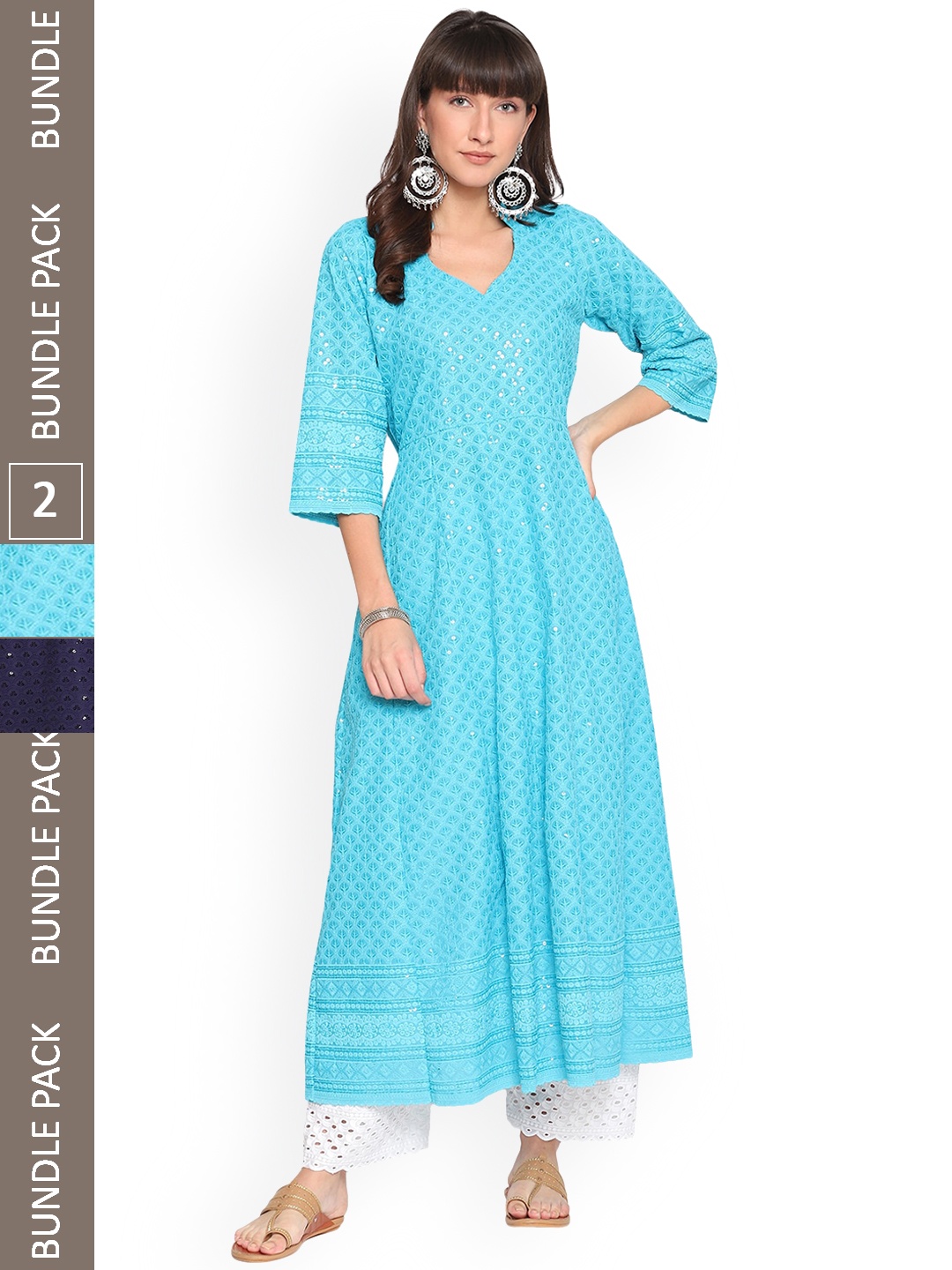 

KALINI Pack Of 2 Chikankari Embroidered Sequined Cotton Kurta, Blue