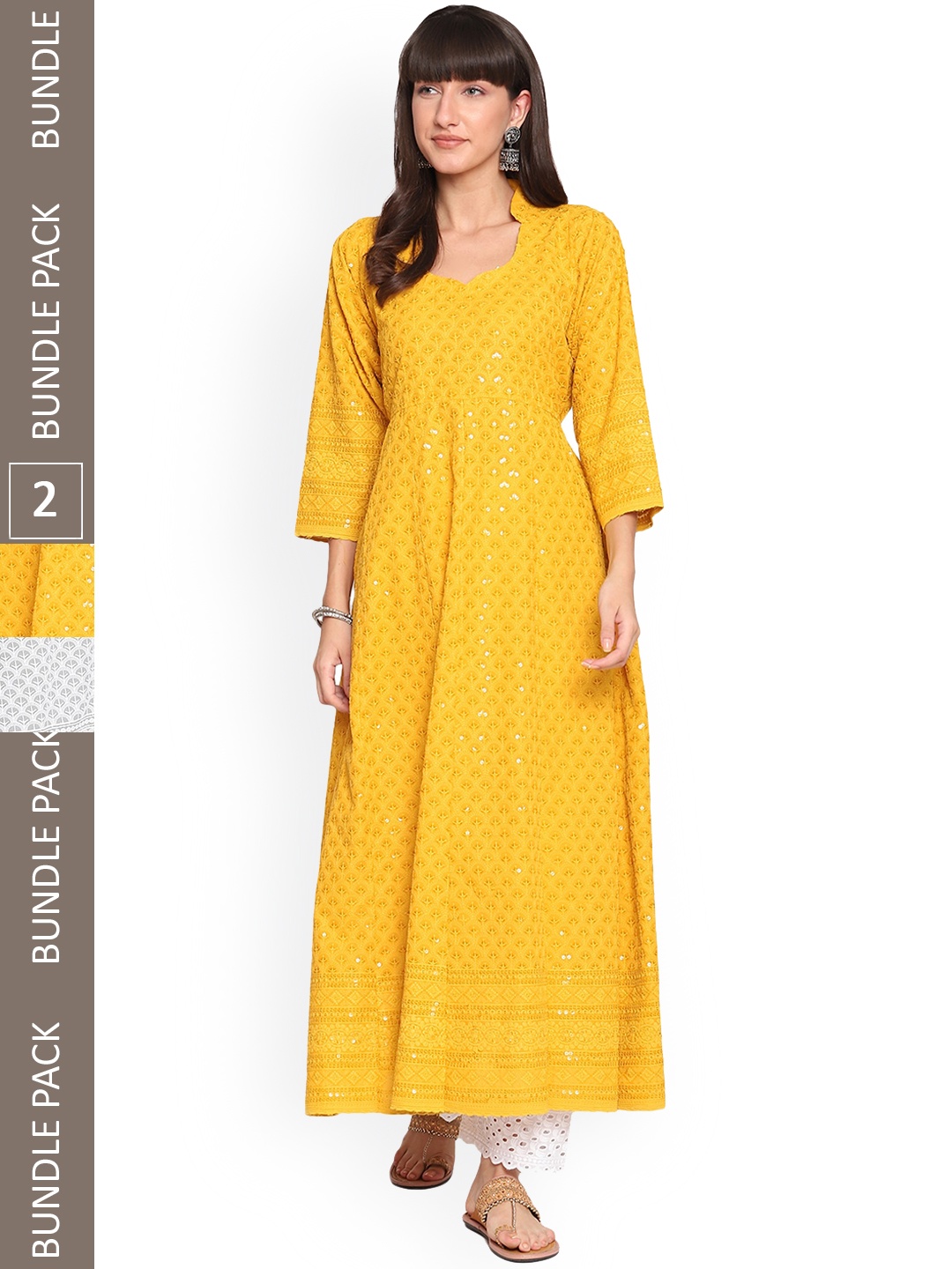 

KALINI Pack of 2 Ethnic Motifs Embroidered Panelled Chikankari A-Line Kurta, Yellow