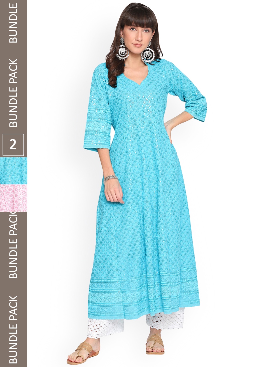 

KALINI Pack of 2 Ethnic Motifs Embroidered Panelled Chikankari A-Line Kurta, Blue