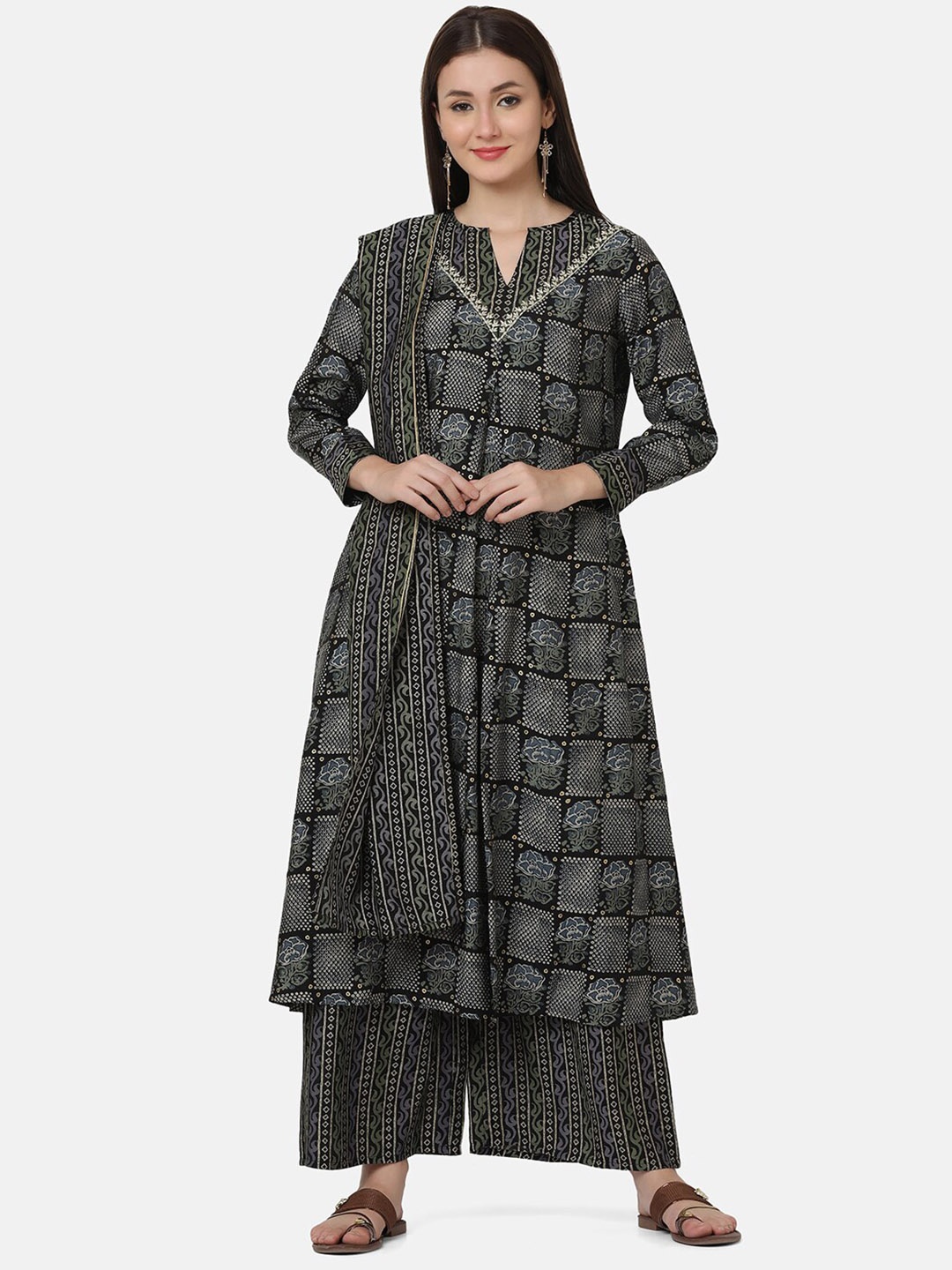 

FFU Ethnic Motifs Printed A-line Chanderi Cotton Kurta with Palazzos & With Dupatta, Black