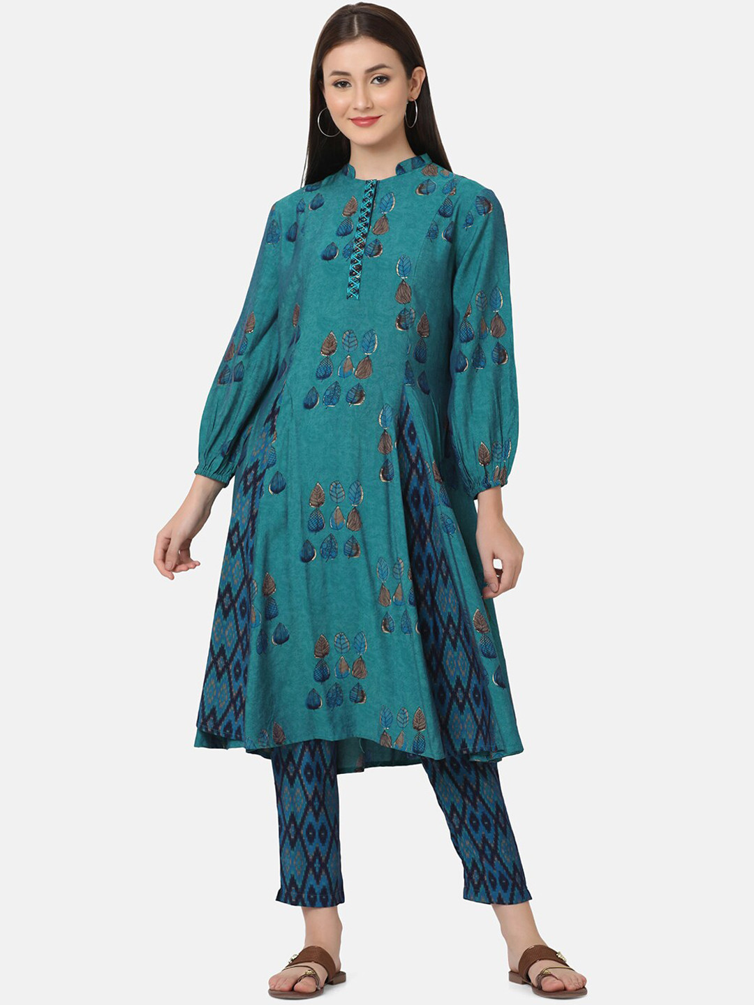 

FFU Ethnic Motifs Printed Puffed Sleeves A-Line Kurta With Trousers, Blue