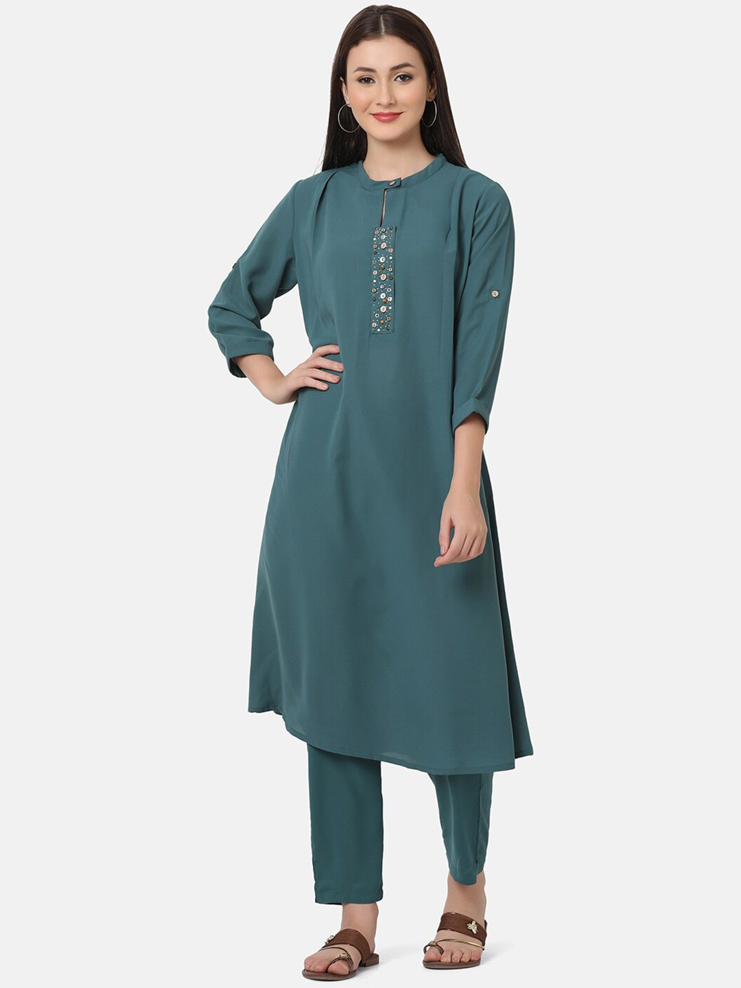 

FFU Band Collar Regular Kurta With Trousers, Green