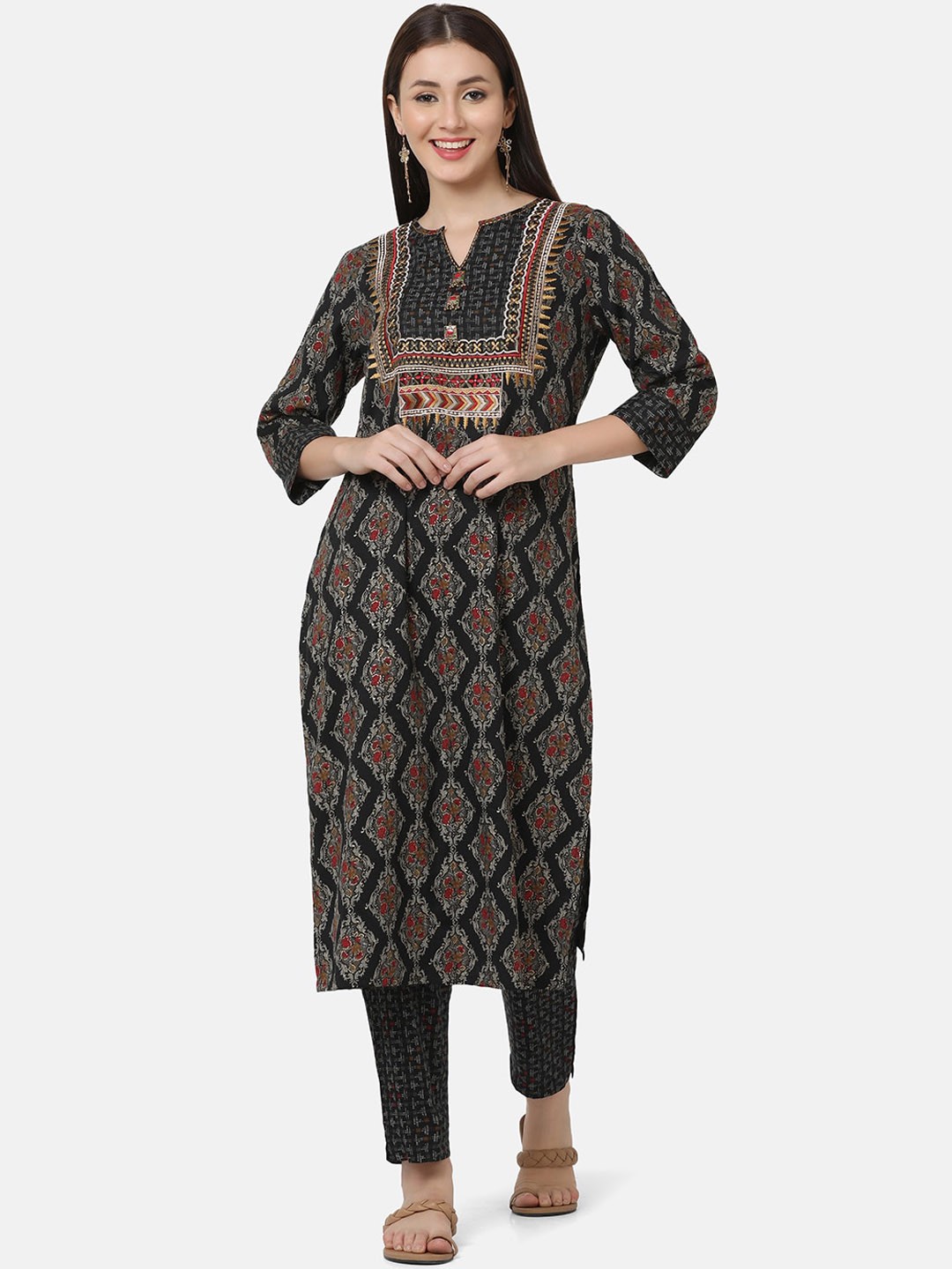 

FFU Ethnic Motifs Printed Straight Kurta with Trousers & With Dupatta, Black