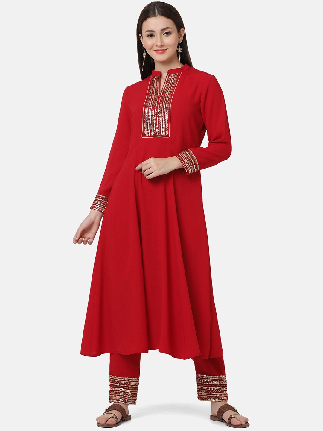 

FFU Striped Yoke Design Mandarin Collar Sequinned Kurta With Trousers, Red
