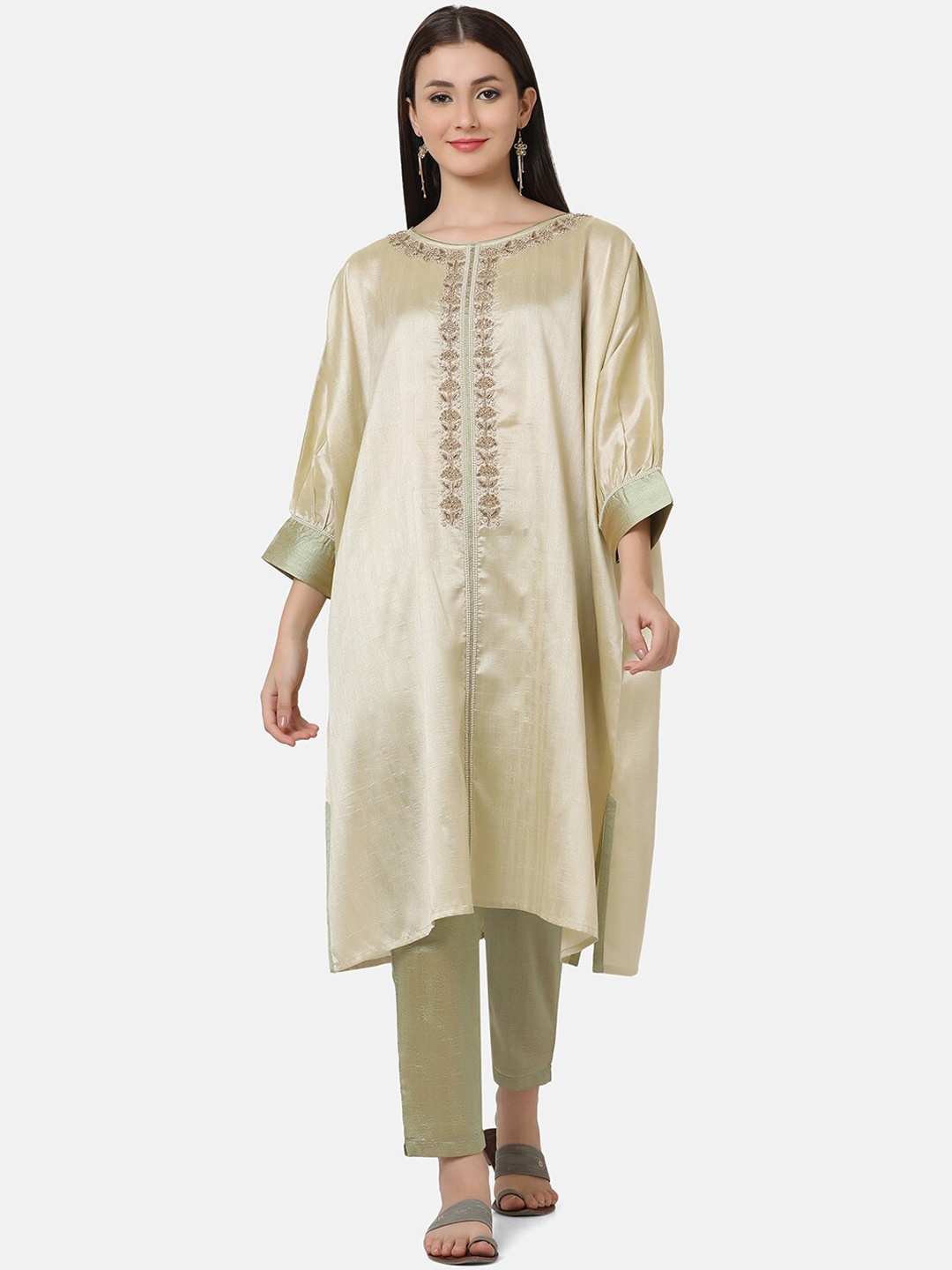 

FFU Ethnic Motifs Yoke Design Regular Kurta & Trousers With Dupatta, Sea green