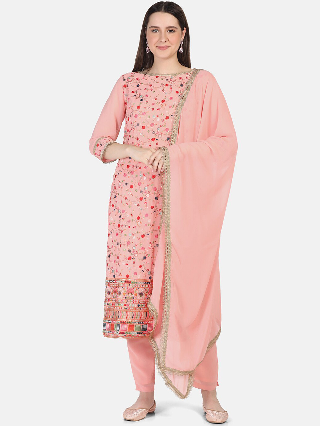 

FFU Floral Embroidered Straight Georgette Kurta with Trousers, Pink