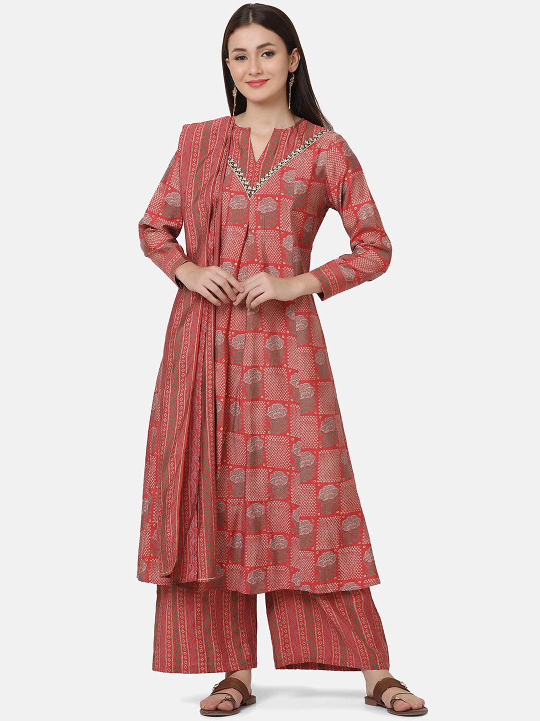 

FFU Ethnic Motifs Printed Gotta Patti Chanderi Cotton Kurta With Palazzos & Dupatta, Brown