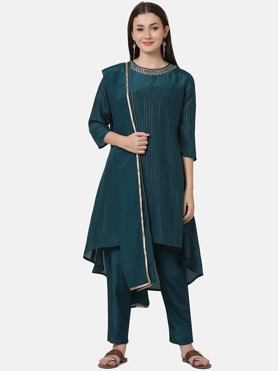 

FFU Striped High Low A-line Kurta with Trousers & With Dupatta, Green