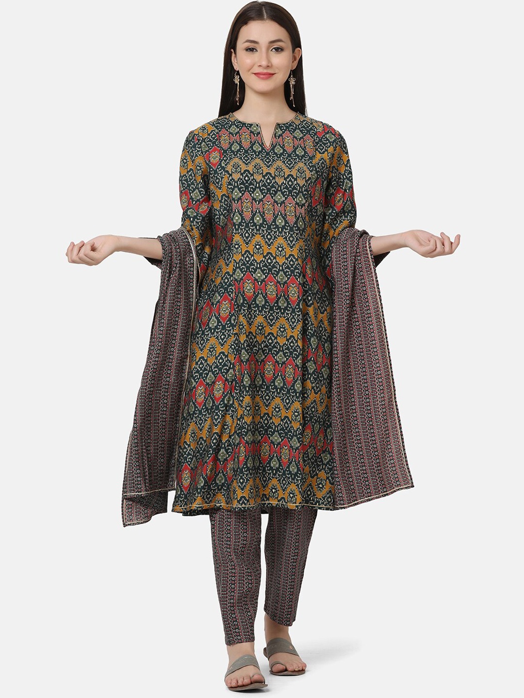 

FFU Ethnic Motifs Printed A-line Kurta with Trousers & With Dupatta, Green