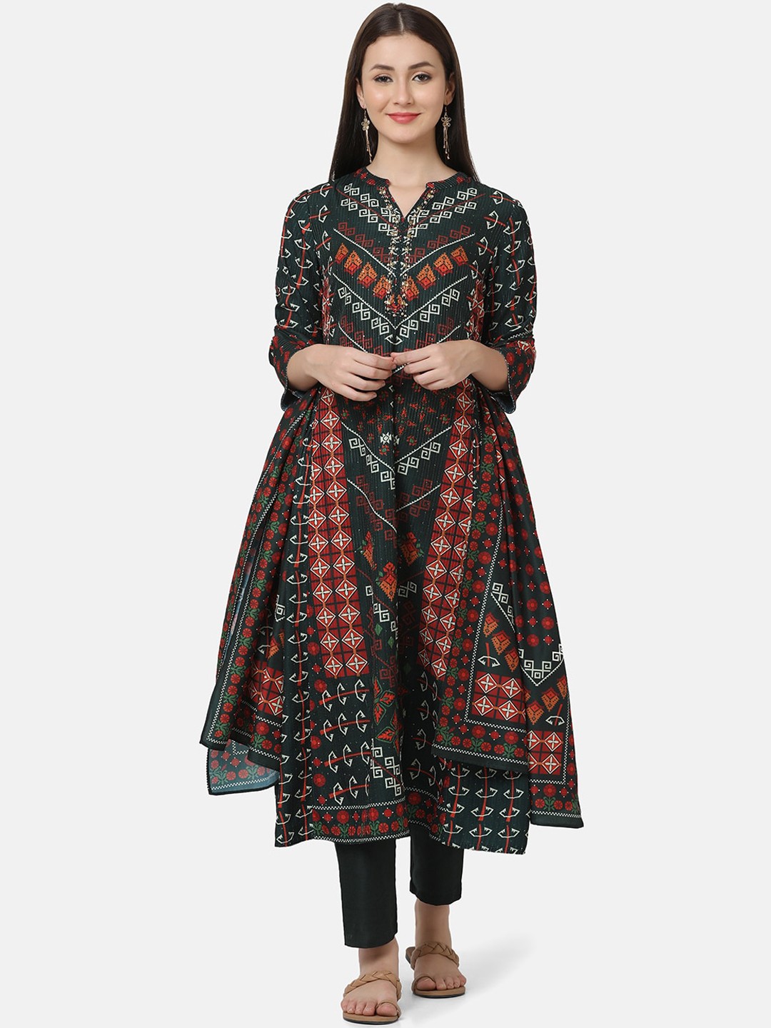 

FFU Geometric Printed Mandarin Collar Beads and Stones Kurta With Trousers & Dupatta, Green