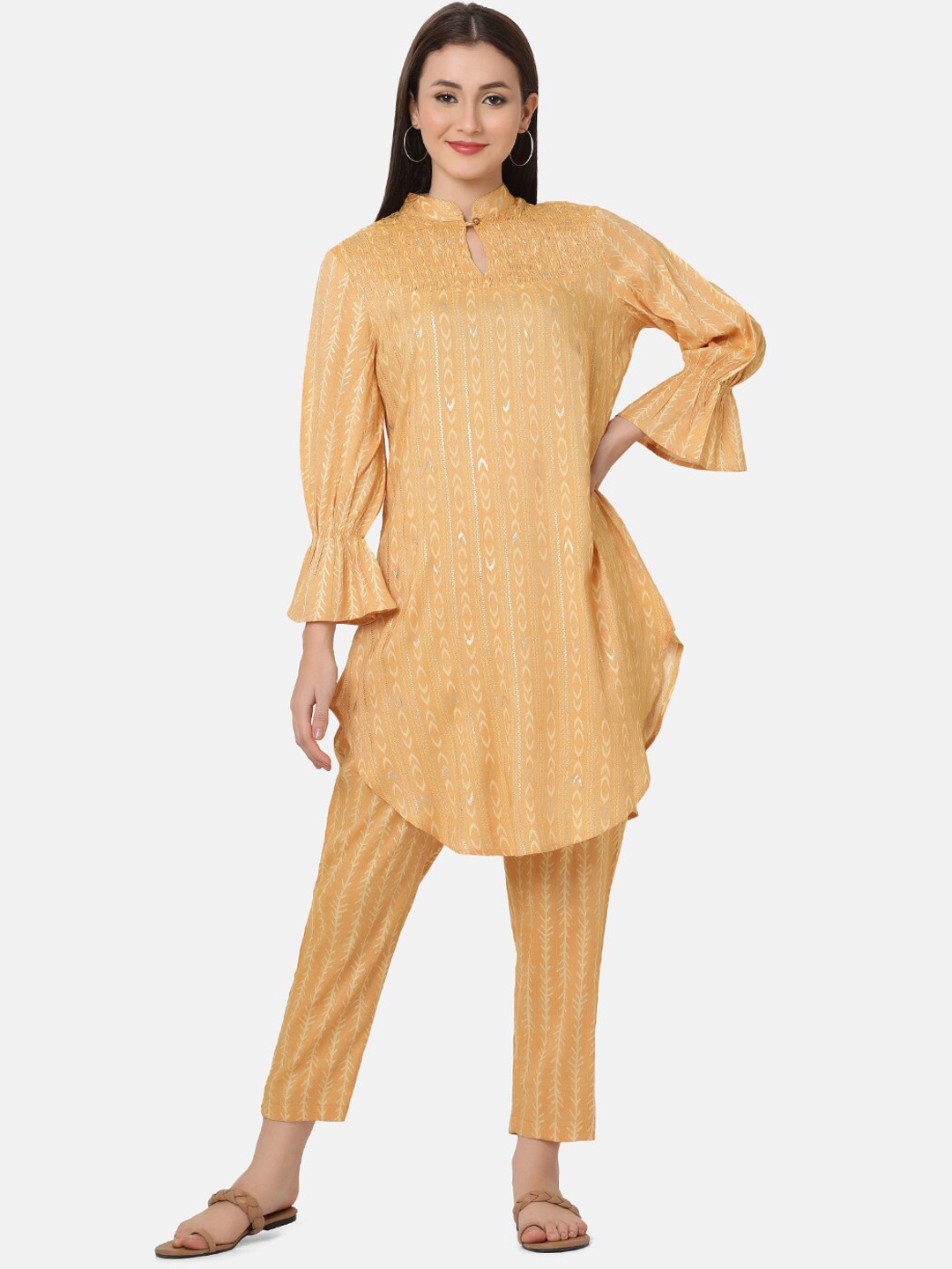 

FFU Ethnic Motifs Printed A-line Kurta with Trousers, Yellow