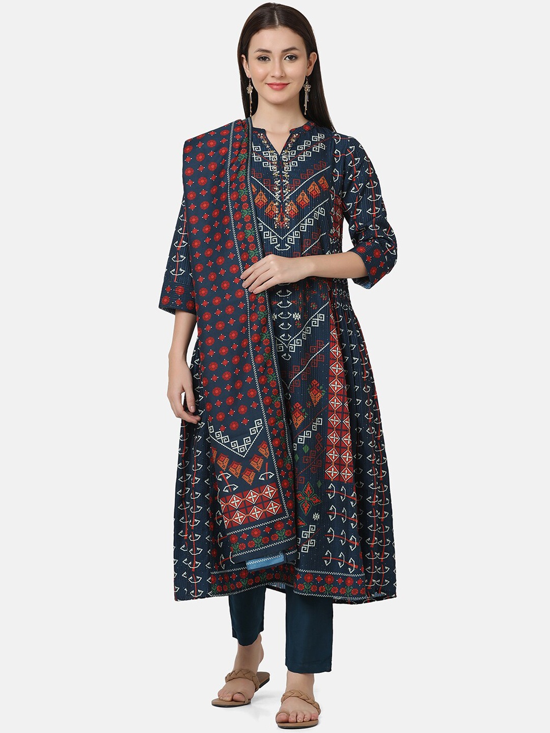 

FFU Geometric Printed Embroiedered Detail Kurta With Trousers & Dupatta, Navy blue