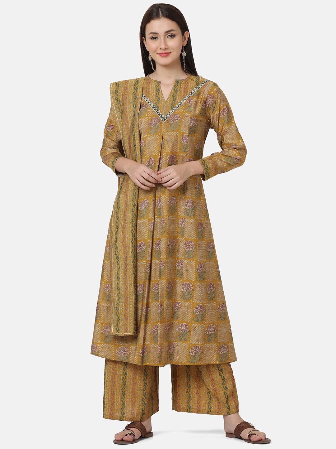 

FFU Floral Printed Chanderi Cotton Kurta with Palazzos & With Dupatta, Mustard