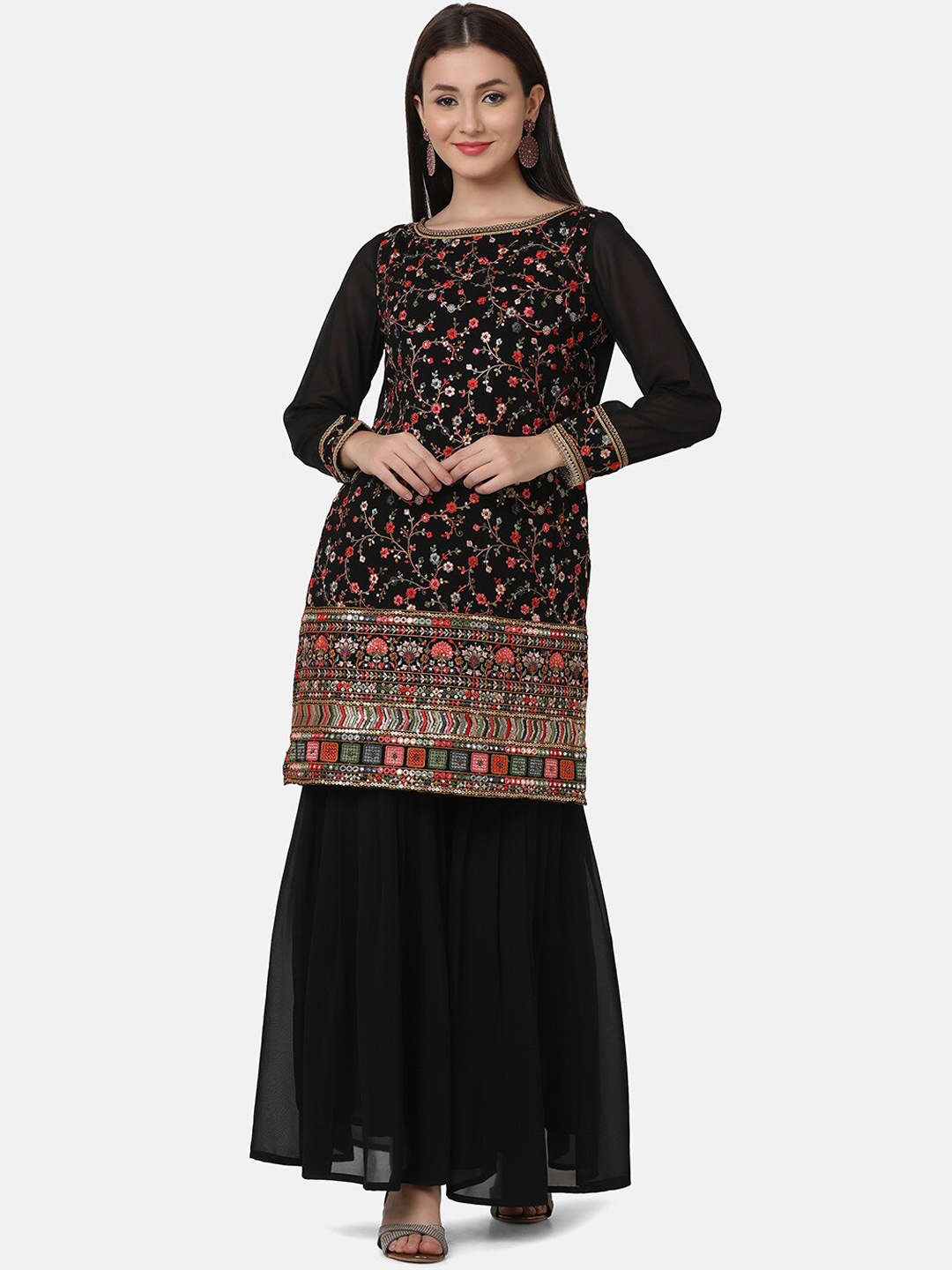 

FFU Floral Embroidered Sequinned Georgette Kurta with Sharara & With Dupatta, Black