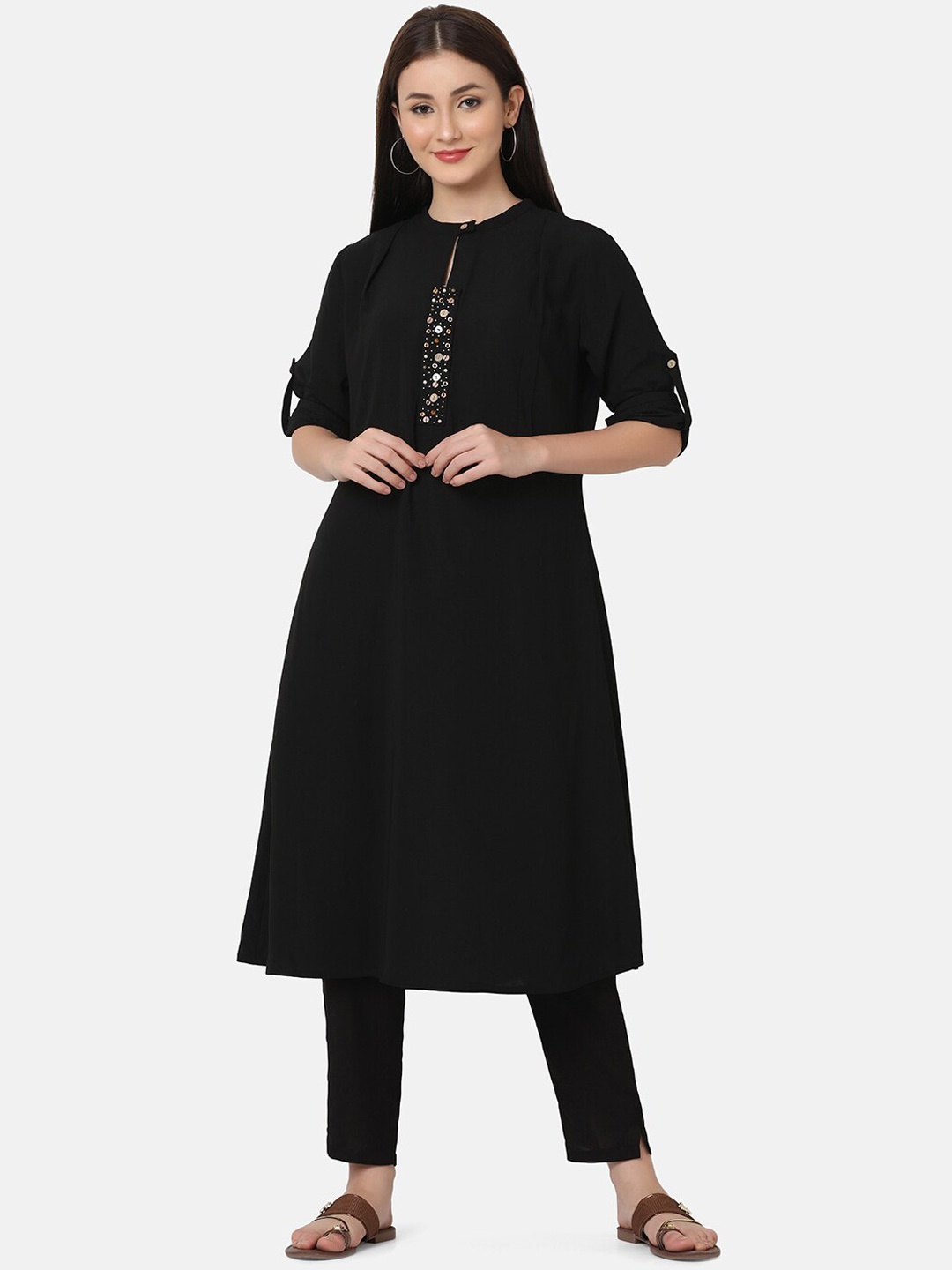 

FFU Band Collar A-Line Kurta With Trousers, Black