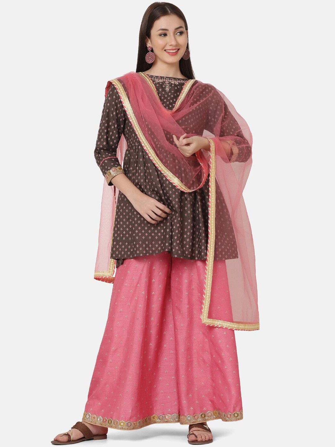 

FFU Floral Printed Regular Kurti With Palazzos & Dupatta, Pink