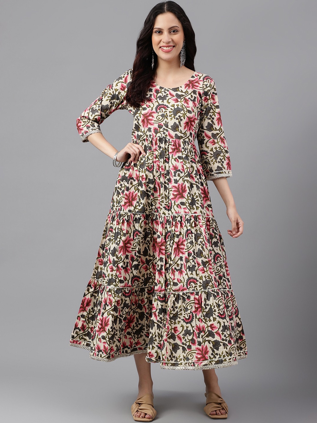 

KALINI Floral Printed Fit and Flare Gotta patti Ethnic Dress, Cream