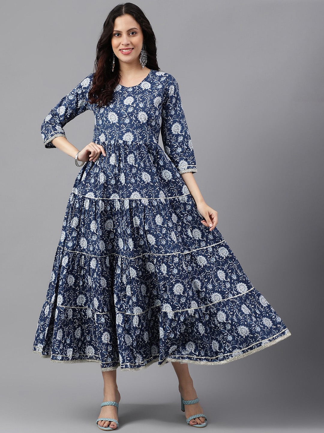 

KALINI Floral Printed Fit and Flare Ethnic Dresses, Blue