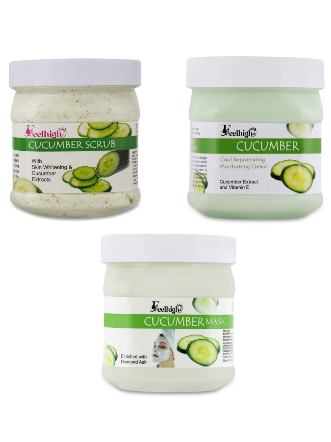 

FEELHIGH Set Of 3 Cucumber Moisturizing Cream+Scrub+Mask - 500 ml Each, Green