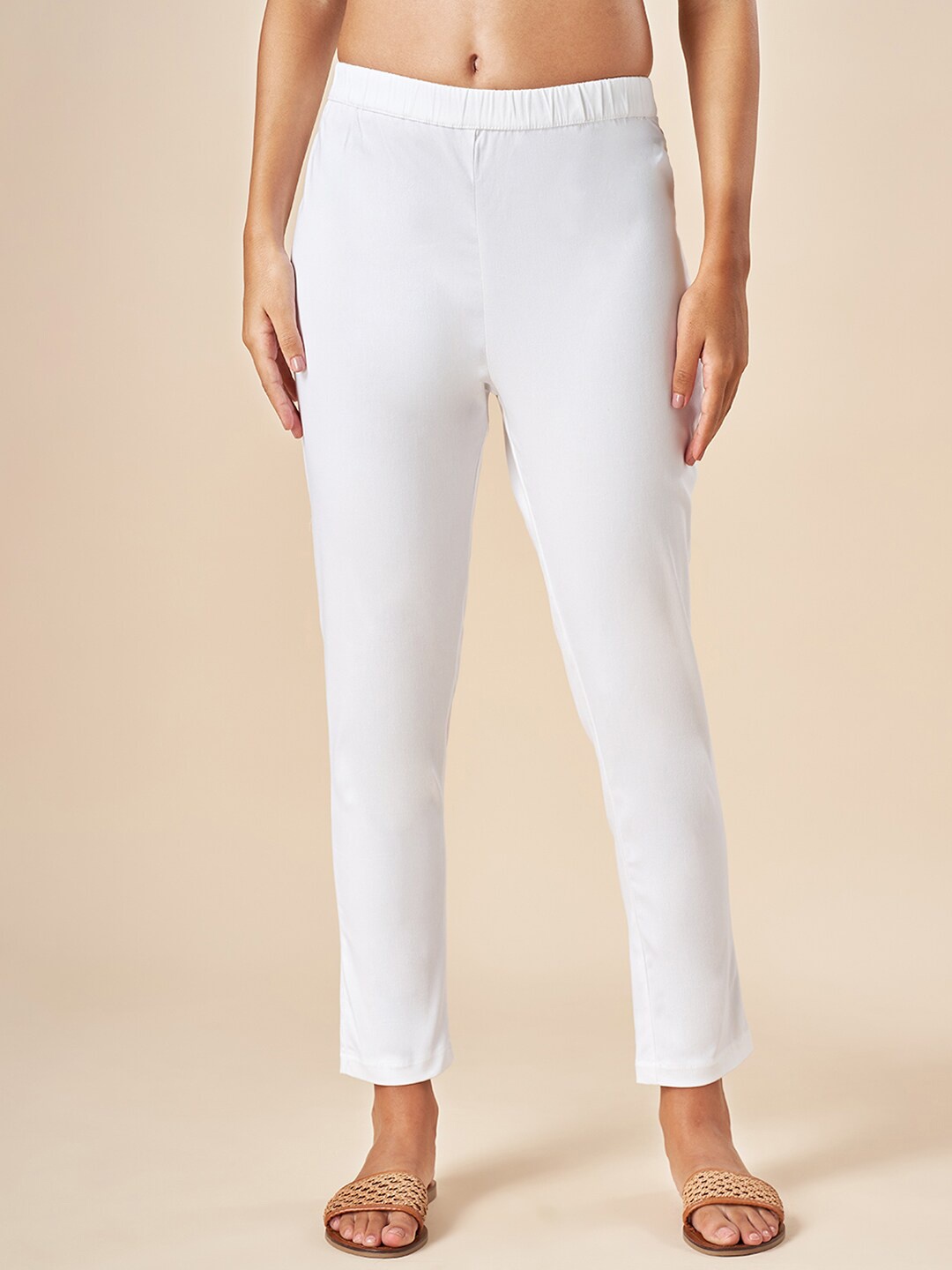 

AKKRITI BY PANTALOONS Women Slim Fit Mid-Rise Trousers, White