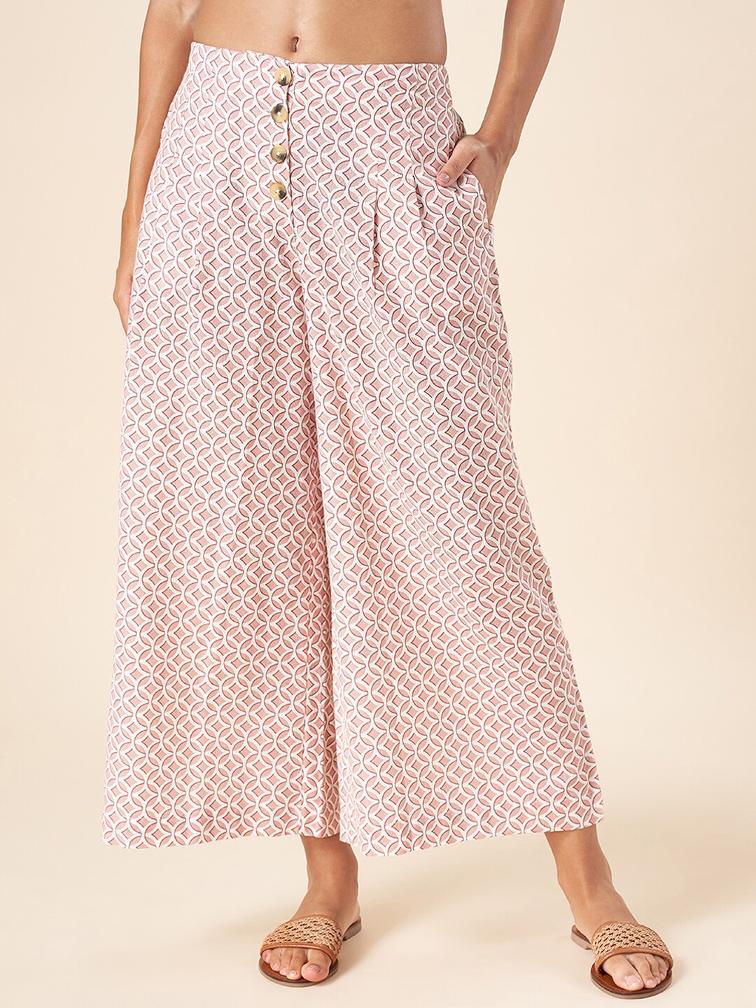 

AKKRITI BY PANTALOONS Women Geometric Printed Flared Cotton Parallel Trousers, Pink