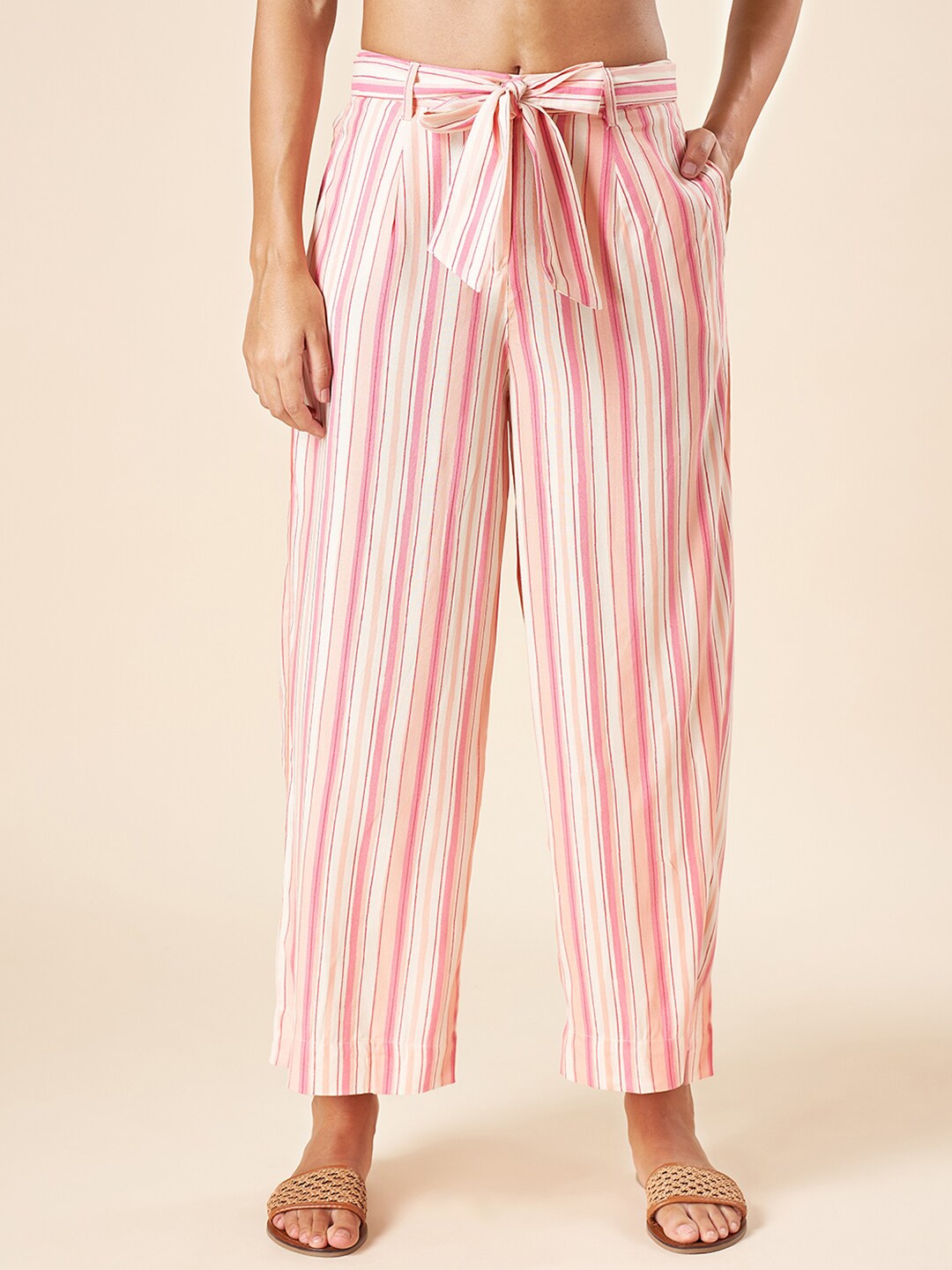 

AKKRITI BY PANTALOONS Women Striped Parallel Trousers, Pink