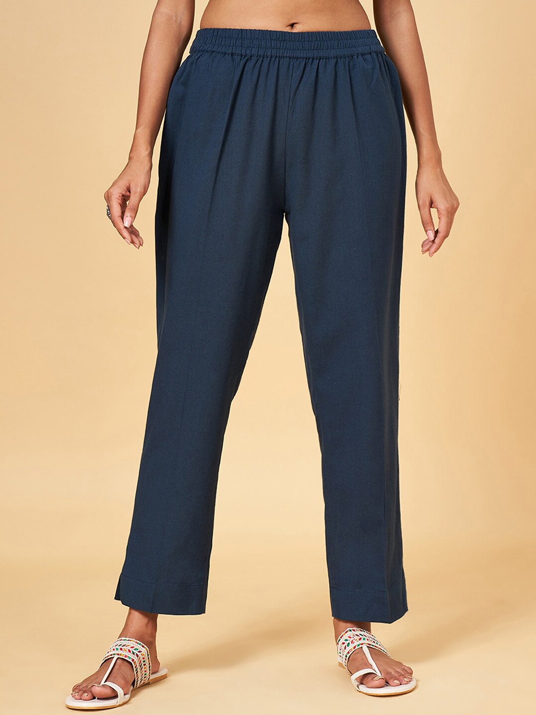 

RANGMANCH BY PANTALOONS Women Cotton Slip-On Trousers, Blue