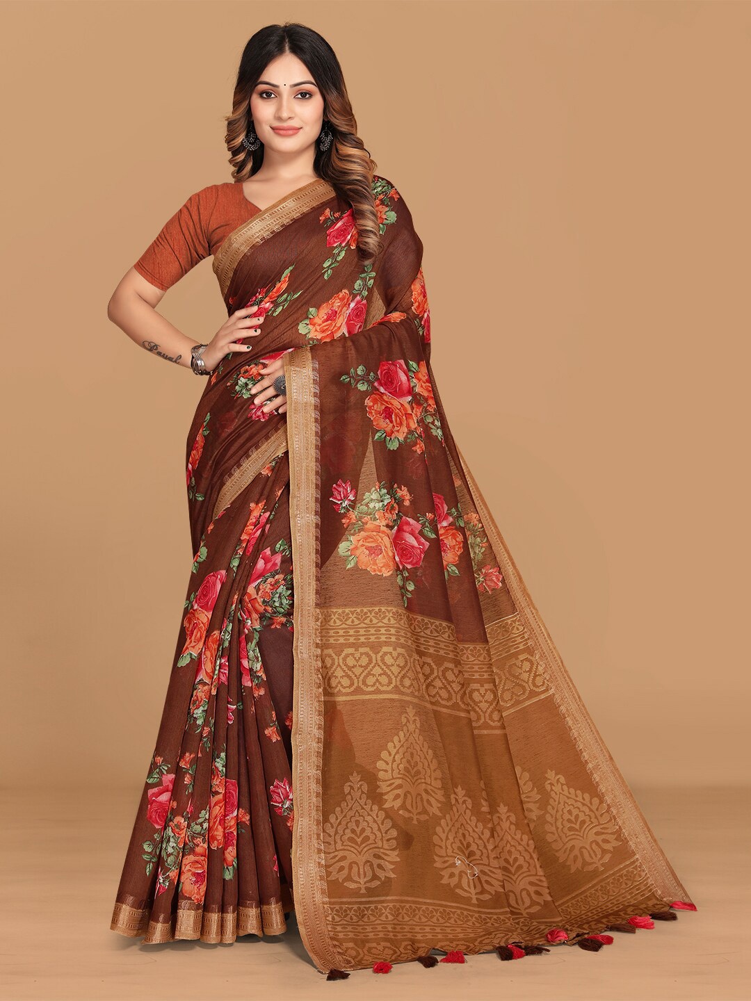 

KALINI Floral Printed Zari Pure Cotton Saree, Green