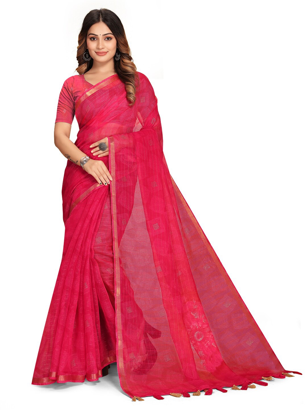 

KALINI Geometric Woven Design Zari Pure Cotton Saree, Pink