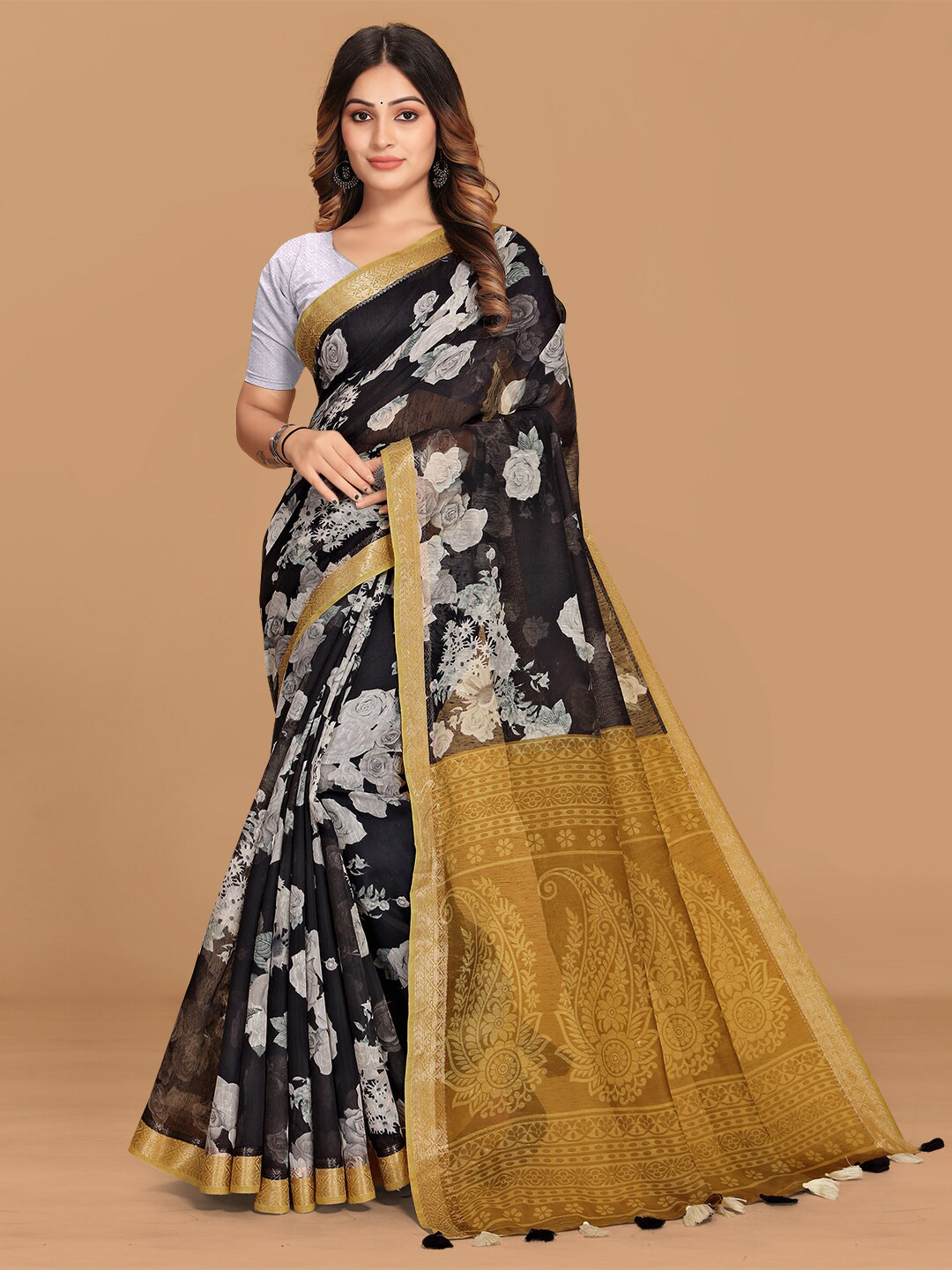 

KALINI Floral Printed Zari Pure Cotton Saree, Black