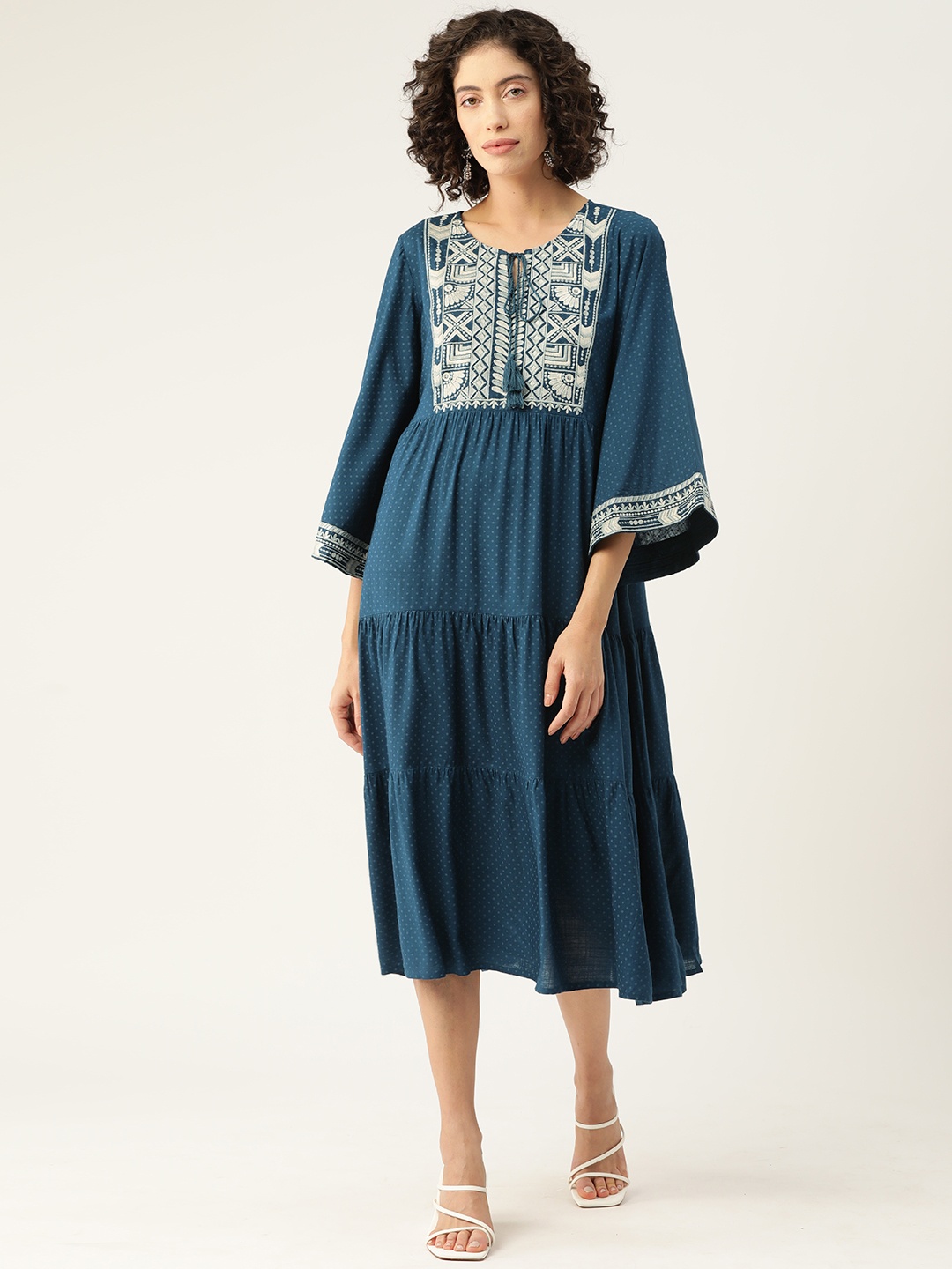 

MISRI Embroidered Tie-Up Neck Bell Sleeve A-Line Midi Dress, Teal