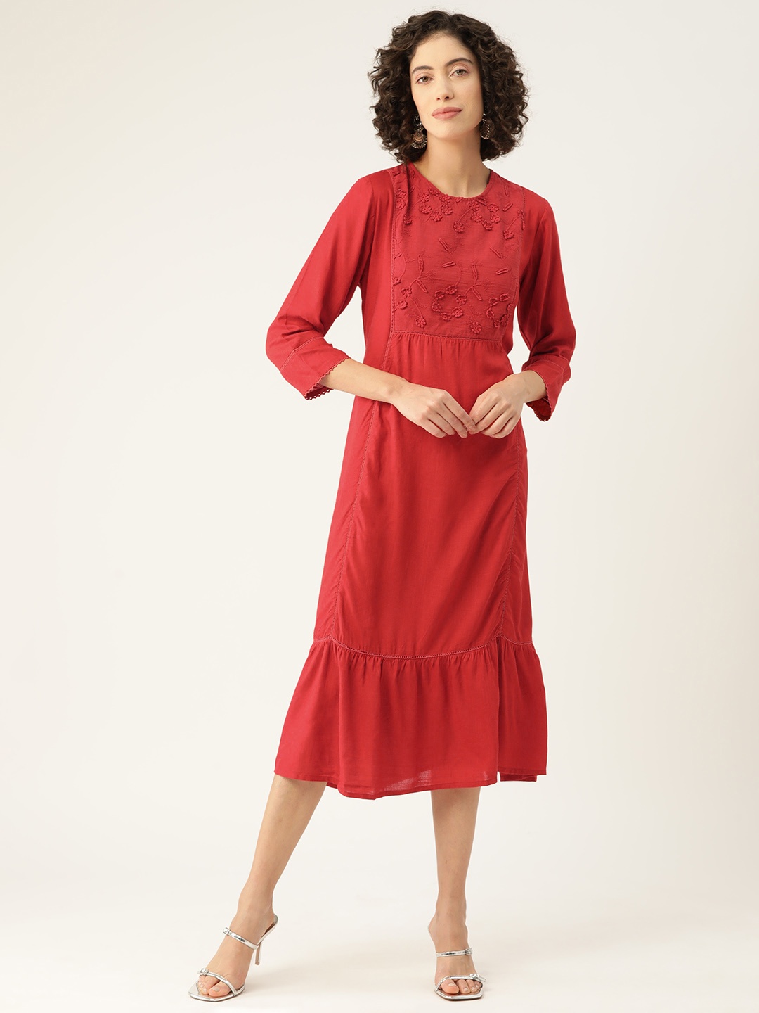 

MISRI Floral Embroidered A-Line Midi Dress, Red