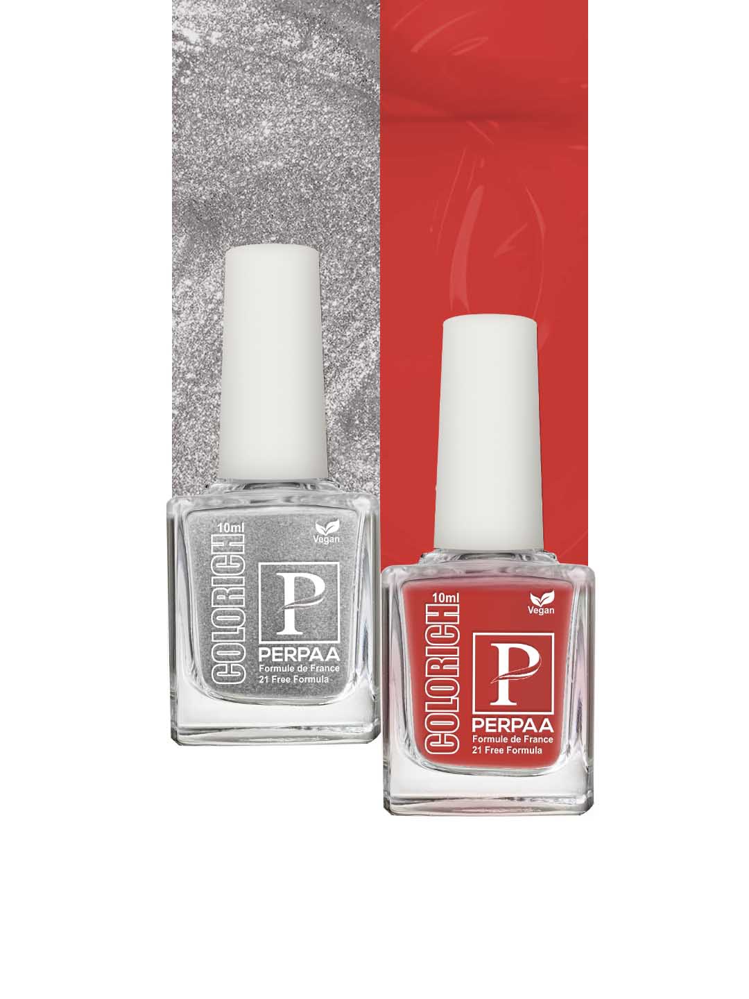 

PERPAA Colorich 2-Pcs Quick Dry Long Lasting Nail Polishes - Texture Silver 09-Bold Red 12