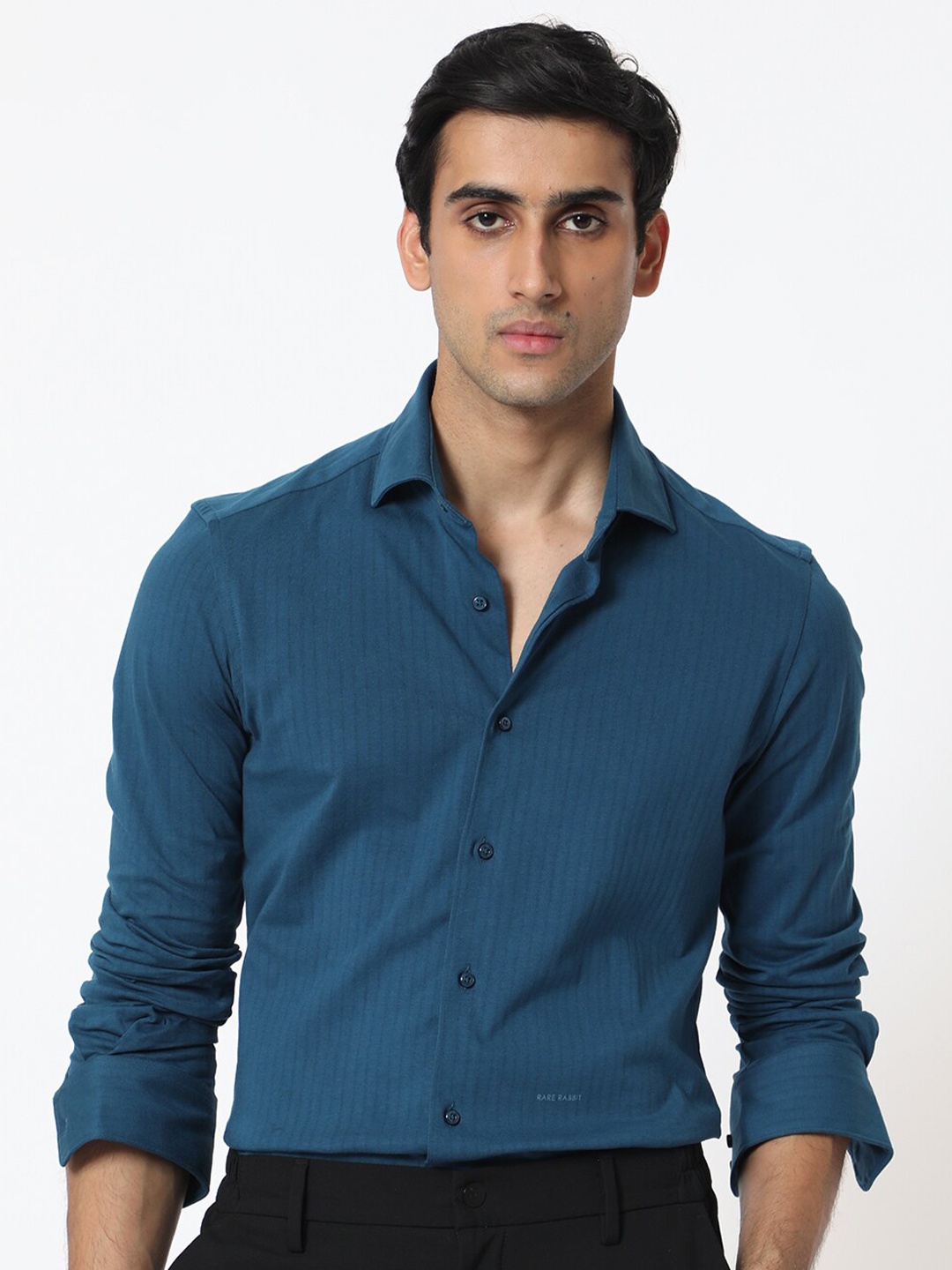 

RARE RABBIT Men Ertical Slim Fit Striped Opaque Cotton Shirt, Teal