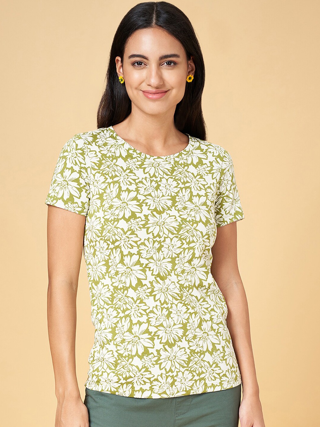 

Honey by Pantaloons Floral Printed Round Neck Cotton Regular T-shirt, Olive