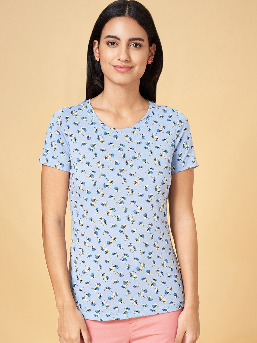 

Honey by Pantaloons Floral Printed Round Neck Cotton Regular T-shirt, Blue