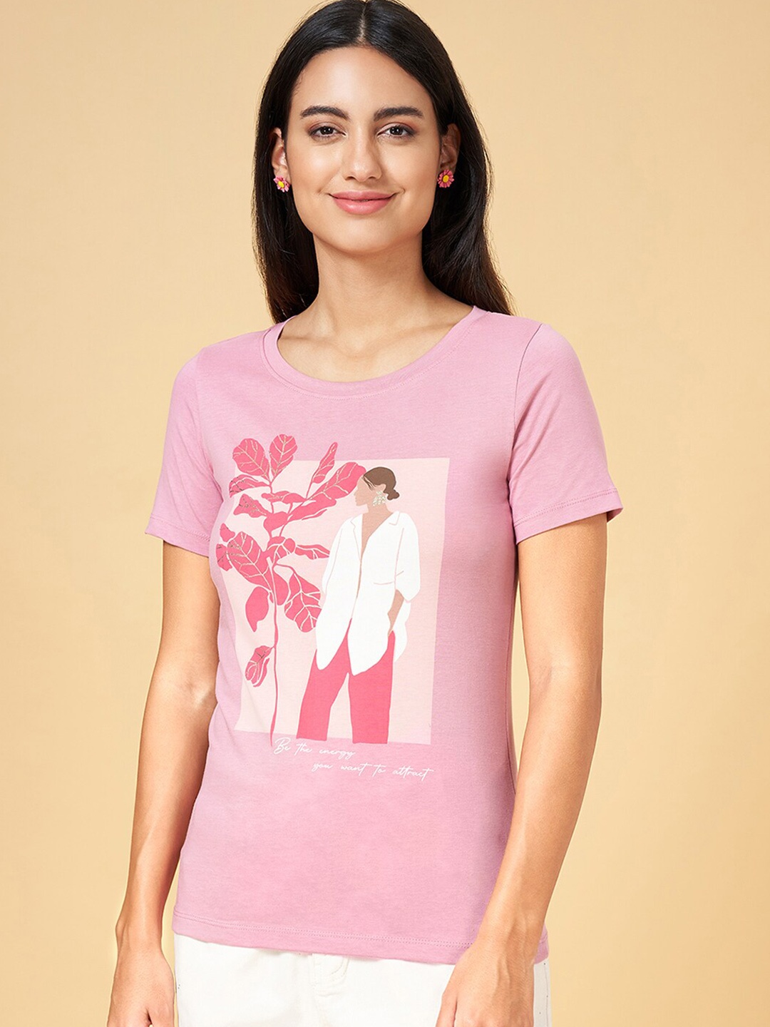 

Honey by Pantaloons Graphic Printed Round Neck Cotton Regular T-shirt, Pink