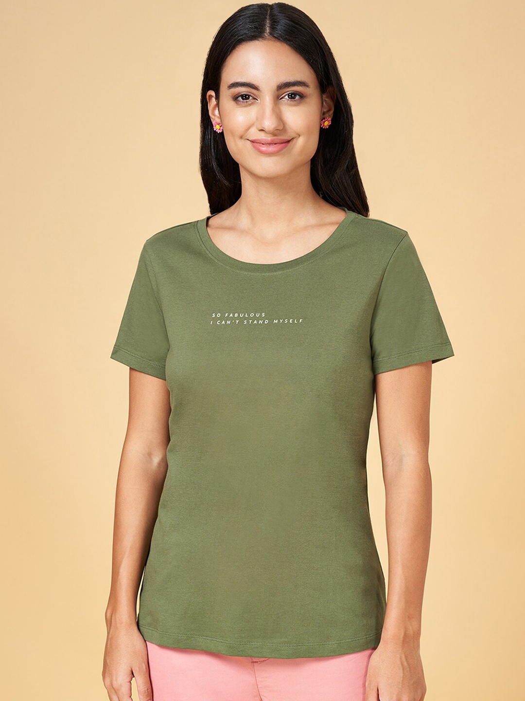 

Honey by Pantaloons Typography Printed Cotton T-shirt, Olive