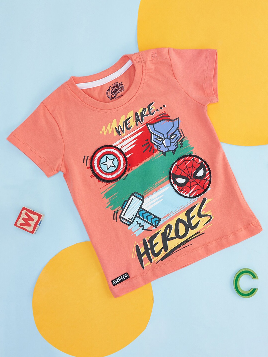 

Pantaloons Baby Infant Boys Avengers Printed Cotton T-shirt, Coral