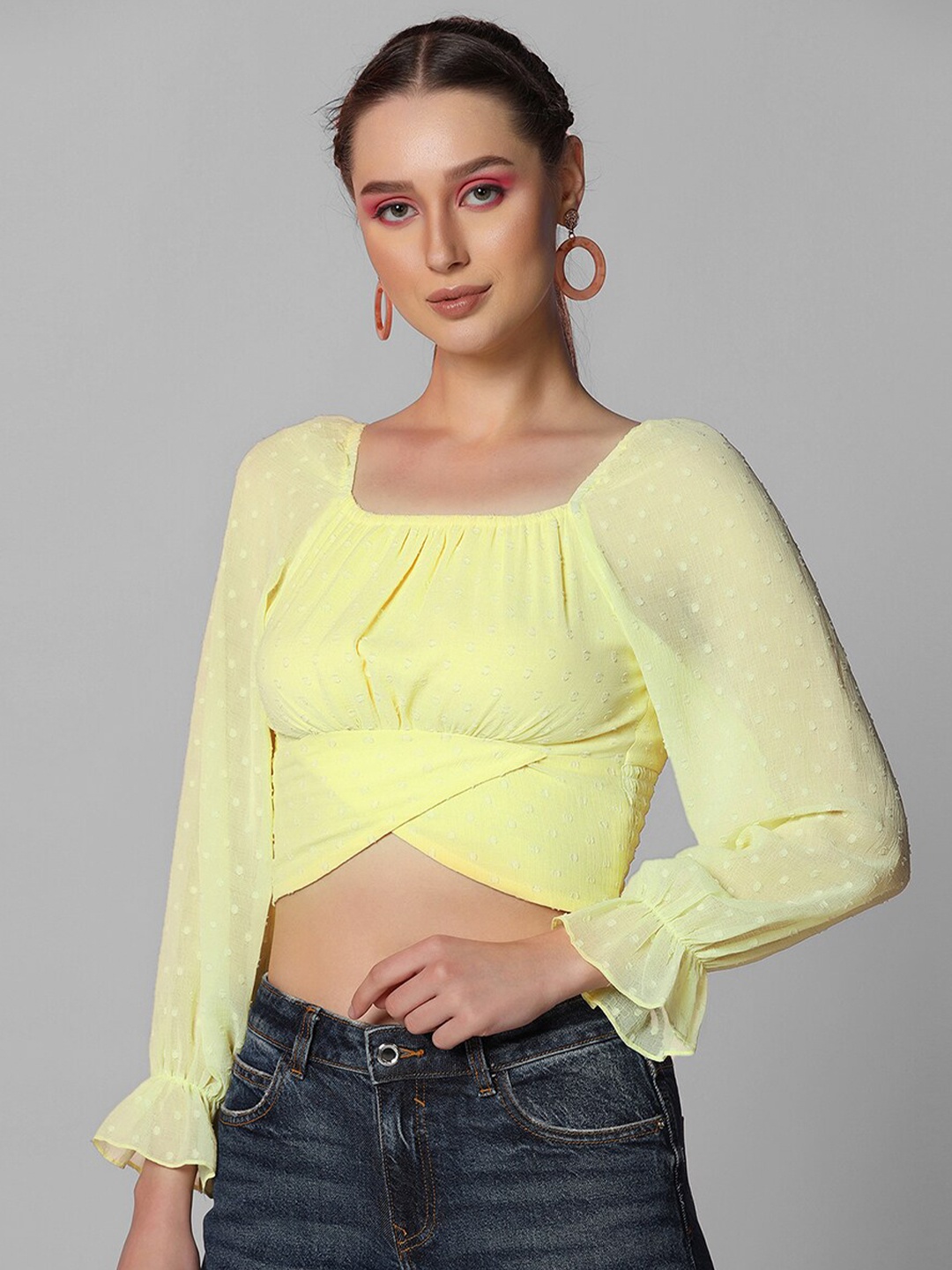

Selvia Self Design Square Neck Puff Sleeves Chiffon Crop Top, Yellow